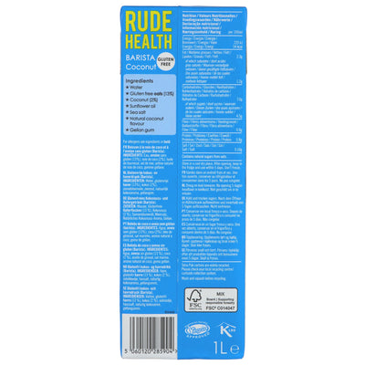 Rude Health Barista Coconut - 1L Gluten-Free & Vegan Coconut Milk for Lattes, Smoothies, and More. Low in Fat, Salt, and Sugar.