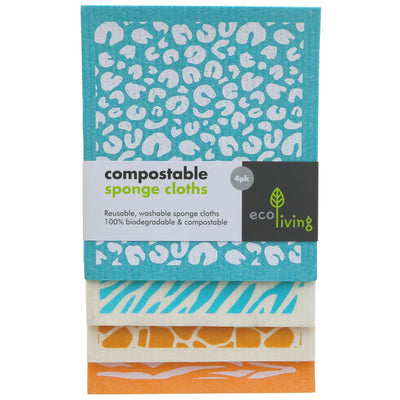 Compostable Cleaning Cloths - Pack of 4 Animal Prints by Ecoliving