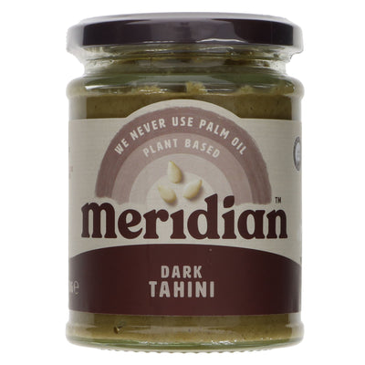 Vegan dark tahini made from roasted sesame seeds, perfect for dressings, dips, and sauces. No VAT charged.