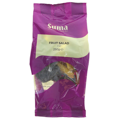 Suma's Fruit Salad: Vegan mix of dried fruits perfect as a snack or yogurt topping. May contain traces of nut.