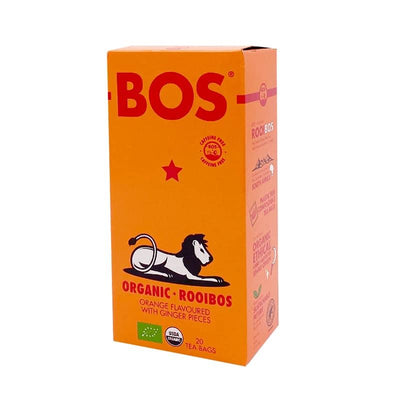 Fairtrade, gluten-free, organic, and vegan Rooibos - Orange & Ginger tea. Naturally caffeine-free with antioxidants and low sugar.