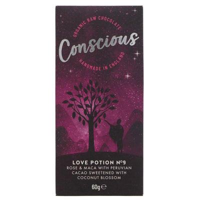 Indulge guilt-free with Conscious Chocolate's Love Potion No 9 Raw Bar; vegan, organic, and gluten-free with no added sugar.