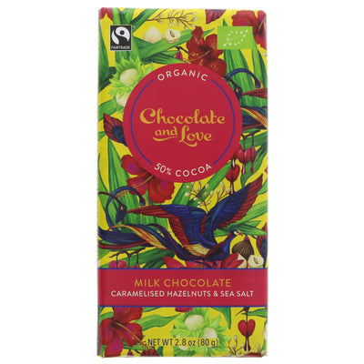 Organic milk chocolate hazelnut bar with sea salt and no added sugar.