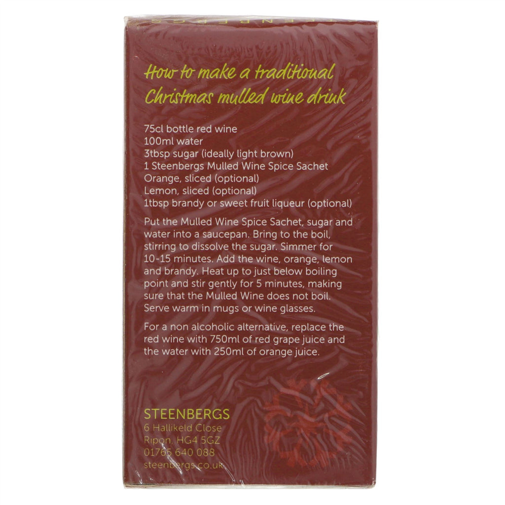 Fairtrade, organic, and vegan mulled wine sachets by Steenbergs. Perfect for cozy nights & festive gatherings.
