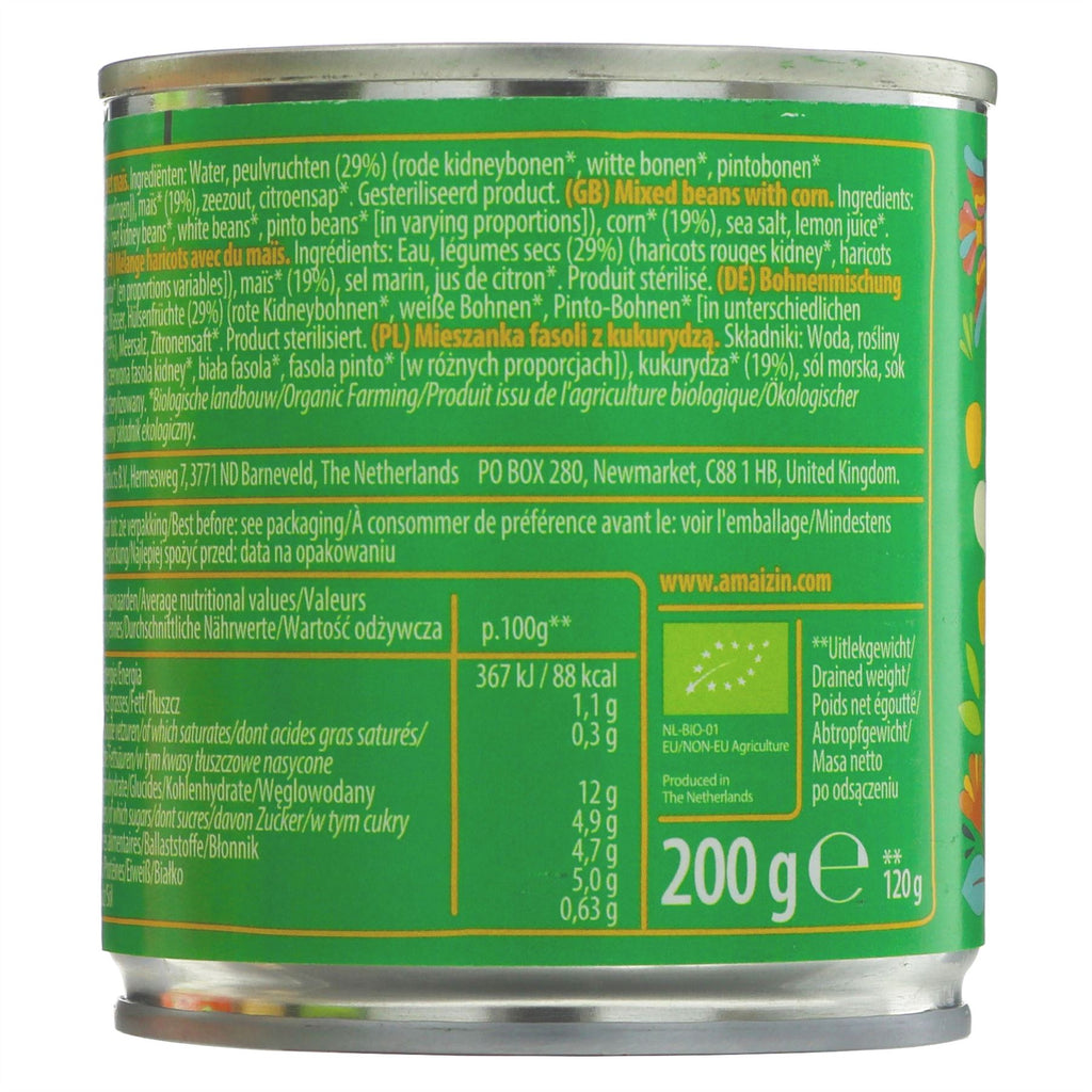 Organic & vegan mixed beans with corn by Amaizin. 200g canned. Perfect for salads, soups, and stews. Enjoy the goodness!