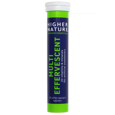 Boost health with Higher Nature's Multivitamin Effervescent - 20 tabs. Packed with 22 essential vitamins and minerals. VAT charged.