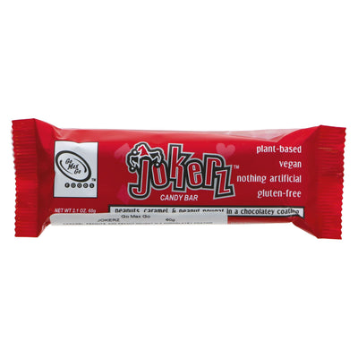 Vegan, guilt-free, no sugar added Jokerz Candy Bar with peanuts, caramel, nougat & chocolate coating. Perfect sweet snack!