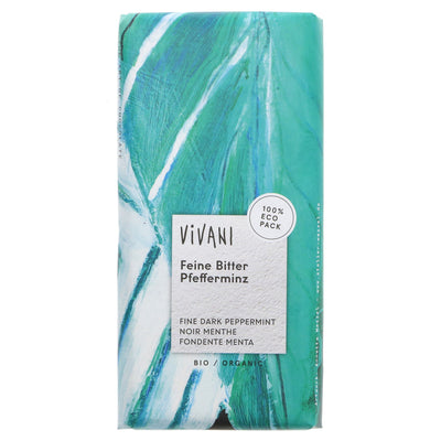 Vivani Dark Chocolate with Peppermint Filling - organic, no added sugar, 100g. Contains almond and hazelnut traces.