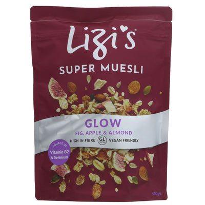 Lizi's Super Muesli Glow: Delicious vegan breakfast packed with red apple, figs, & golden raisins for a crunchy start to your day.