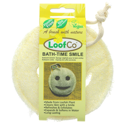 Natural Bath-Time Smile Loofah for exfoliating and invigorating your skin. Vegan, plastic-free, with cotton hanging loop.