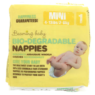 Beaming Baby Mini Bio-Degradable Nappies for sensitive skin with 40% less chemicals. Vegan & eco-friendly in size 1. No VAT charged.