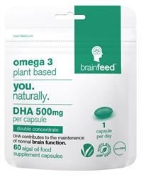 Brain Feed | Omega3 Plant-based DHA 500mg 1-a-day | EU Certified Brain Health | 60softgels