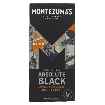 Montezuma's Absolute Black-orange & C/nib 90G: 100% cocoa dark chocolate infused with essential orange oil & cocoa bean pieces. Vegan.