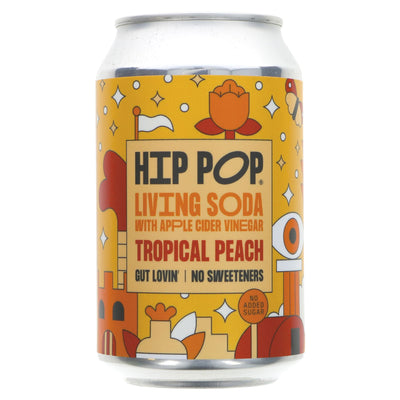 Hip Pop Tropical Peach Living Soda - Vegan, with ACV for gut health, all-natural, fruity, and free from added sugars.