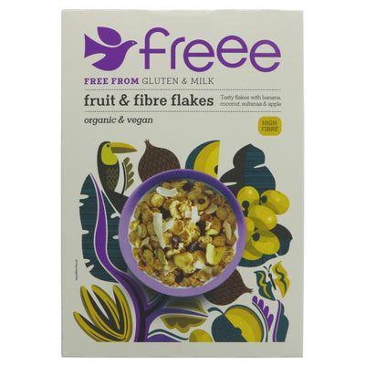 Gluten-free, organic, vegan Fruit and Fibre Flakes by Doves Farm. Perfect for a healthy breakfast or snack with your favorite milk or yogurt.