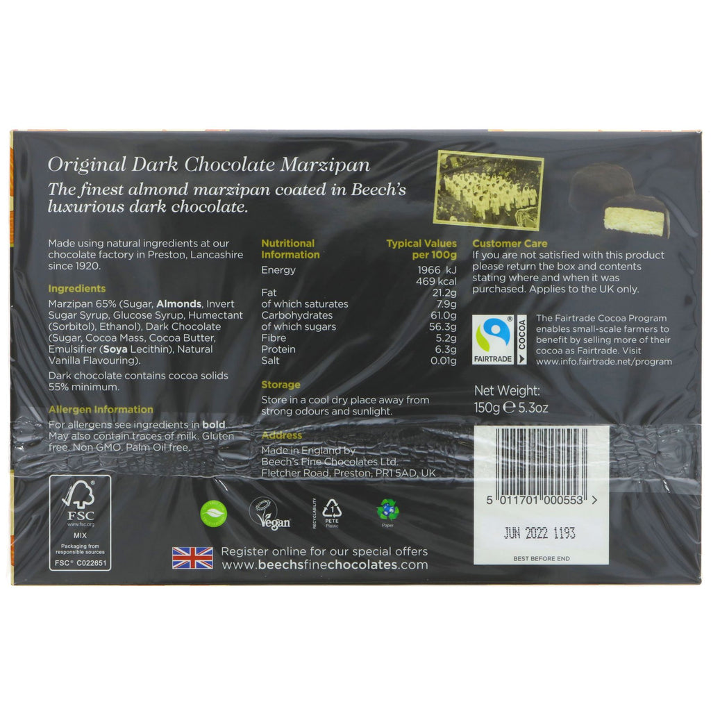 Dark Chocolate Marzipan by Beech's Fine Chocolates. Gluten-free & vegan. Indulge in this delicious treat guilt-free. Perfect for chocolate lovers.