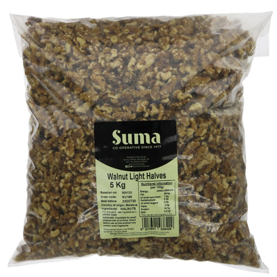 Suma's Light Walnut Halves - 5kg bag. Vegan, perfect for snacking, baking & salads. Packed with healthy fats, no VAT charged.
