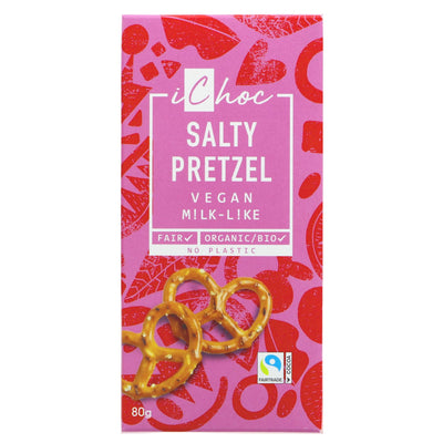 Vivani's Salty Pretzel Chocolate Bar: Fairtrade, Organic, Vegan & No Added Sugar. Enjoy the perfect balance of sweet & salty with pretzel pieces & sea salt.