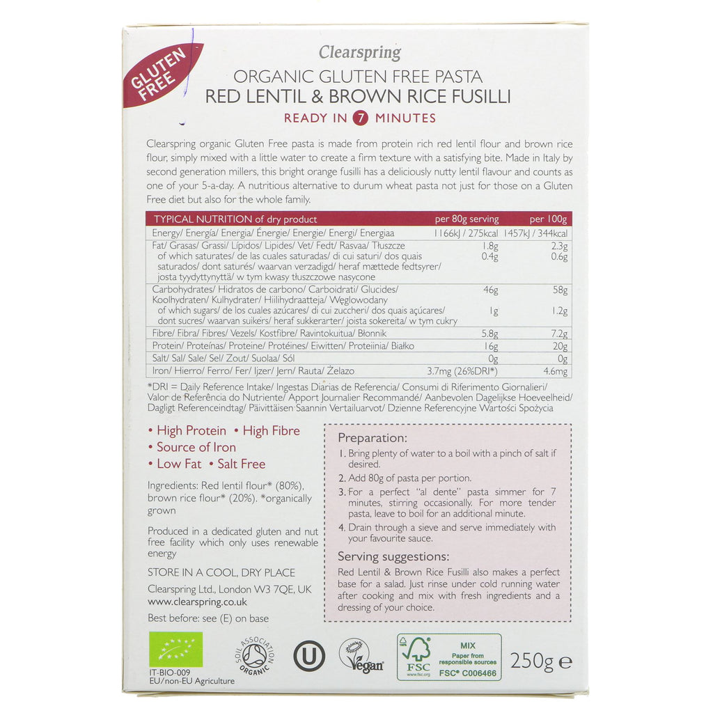 Clearspring | Red Lentil & Brown Rice Pasta - Fusilli | 250g