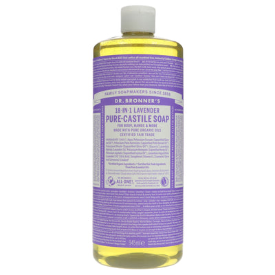 Dr Bronners Lavender Castile Liquid Soap - Fairtrade, Organic, and Vegan. Relax in a soothing lavender shower or bath. VAT charged on item.