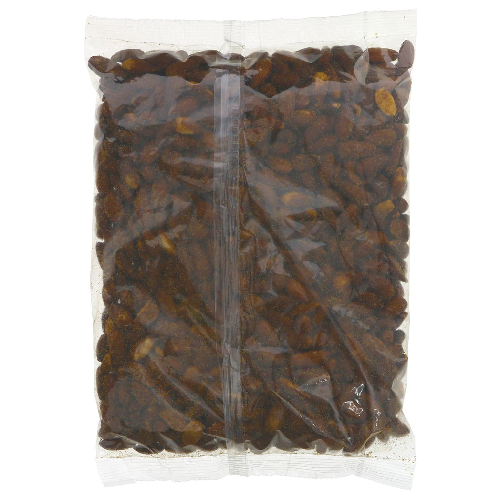 Vegan baked smoke-flavored almonds by Suma Bagged Down. Enjoy the unique taste. Perfect for snacking or adding to recipes.