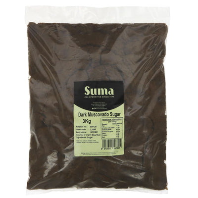 Suma's Dark Muscovado Sugar - Vegan, full of molasses, perfect for baking. 3KG bag. No VAT charged. Contains traces of nut.