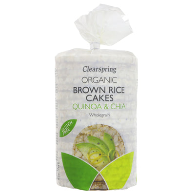 Clearspring organic brown rice cakes with chia and quinoa, gluten-free, vegan, 28 calories per cake.