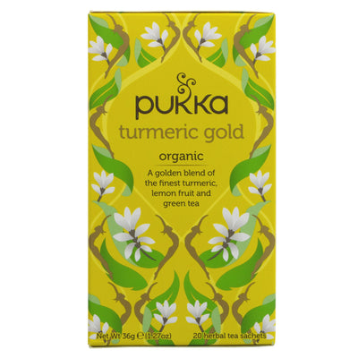 Pukka Turmeric Gold tea: Fairtrade, Organic, Vegan blend of turmeric, lemonfruit & cardamom. Feel renewed & shielded, perfect for any time of day!