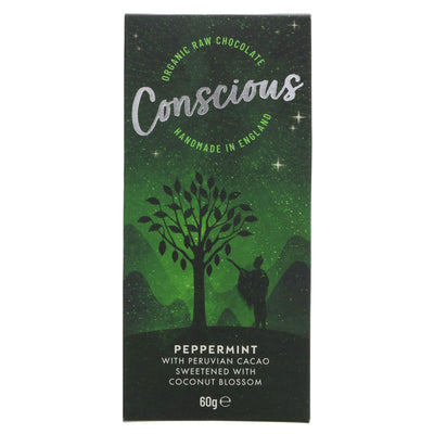 Conscious Chocolate Peppermint Raw Bar - Organic, vegan, gluten-free, 62% cacao, eco-friendly. Perfect for snacking. Made in Sussex, UK.