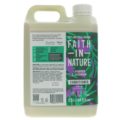 Nourishing conditioner with lavender/geranium for normal/dry hair. Biodynamic, vegan, gluten-free, and eco-friendly in 2.5l bulk.