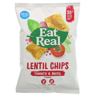 Gluten-free vegan Lentil Tomato and Basil Chips with 48% less fat than regular crisps. No added sugar. Perfect guilt-free snacking!