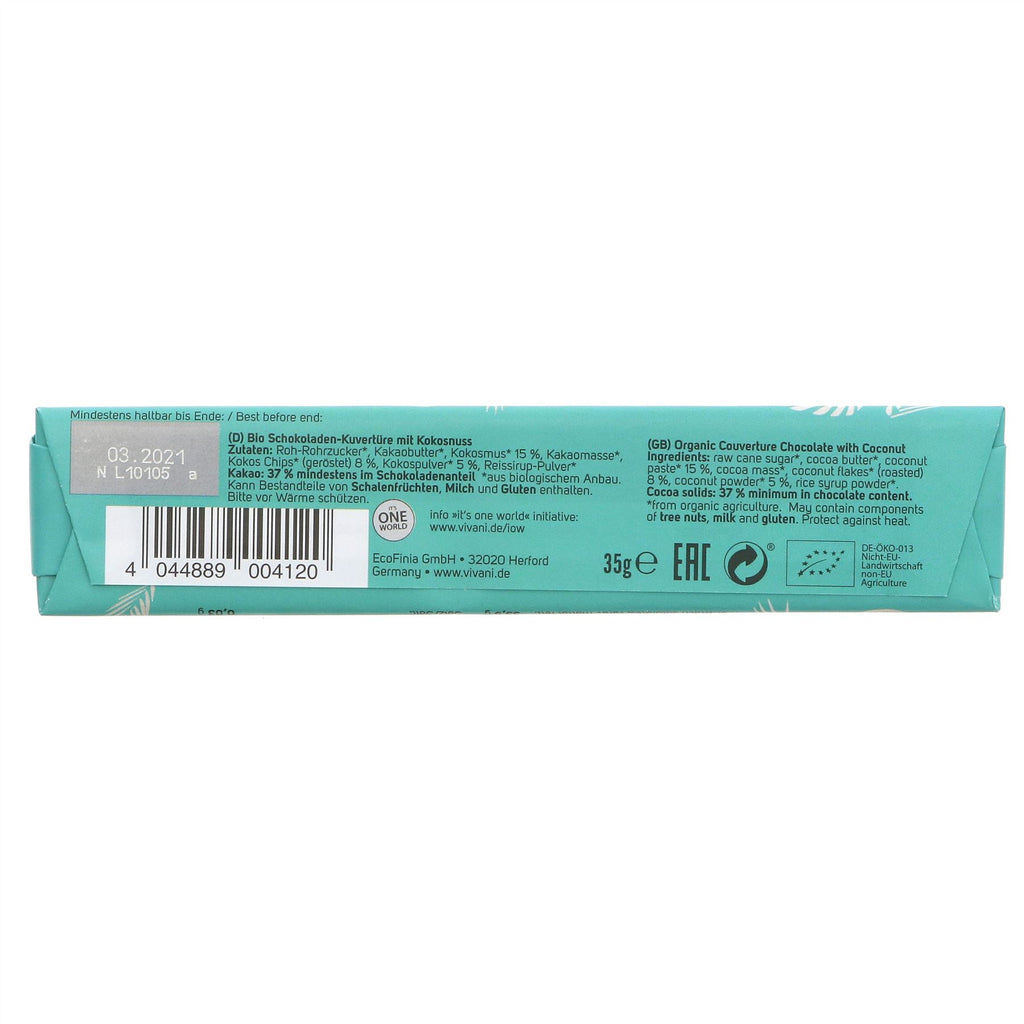 Vivani | Crunchy Coconut Chocolate Bars | 35G