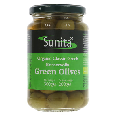 Organic, vegan Green Olives by Sunita - perfect for Mediterranean flavor. No VAT charged. Available at Superfood Market since 2014. Part of Food & Drink collection.