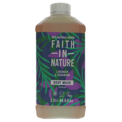 Relaxing Body Wash with Lavender/Geranium - Biodynamic, gluten-free & vegan. Pamper your skin naturally with this 2.5l bottle.