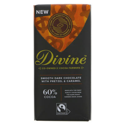 Fairtrade 60% Dark Pretzel & Caramel bar - guilt-free snacking with no added sugar, made with Fairtrade cocoa & sugar.