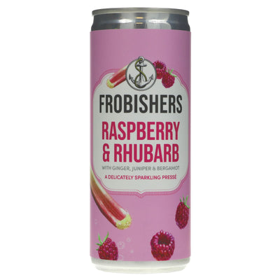 Frobishers Raspberry & Rhubarb press with ginger, juniper, & bergamot. Gluten-free & vegan, only 60 calories per can.