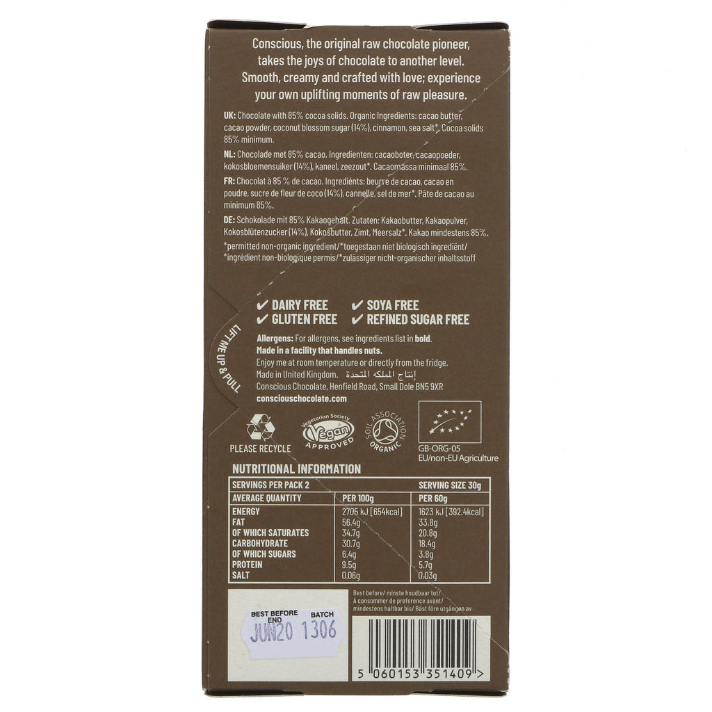 Conscious Chocolate | Dark Side 85% Raw Bar | 60G