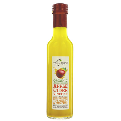 Gluten-free, organic, vegan Apple Cider Vinegar by Mr Organic. Made with Italian apples, Turmeric, Chilli & Ginger for a delicious flavour.