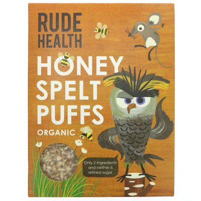 Organic Honey Puffed Spelt cereal - guilt-free breakfast with only 2 ingredients. Lower sugar than most kids' cereals.