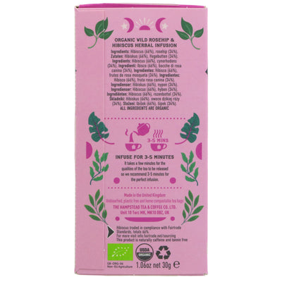 Organic, Vegan Hampstead Tea | Rosehip Hibiscus | 20 bags | Biodynamic, Fairtrade, Organic, Vegan | Hot or cold, with lemon!