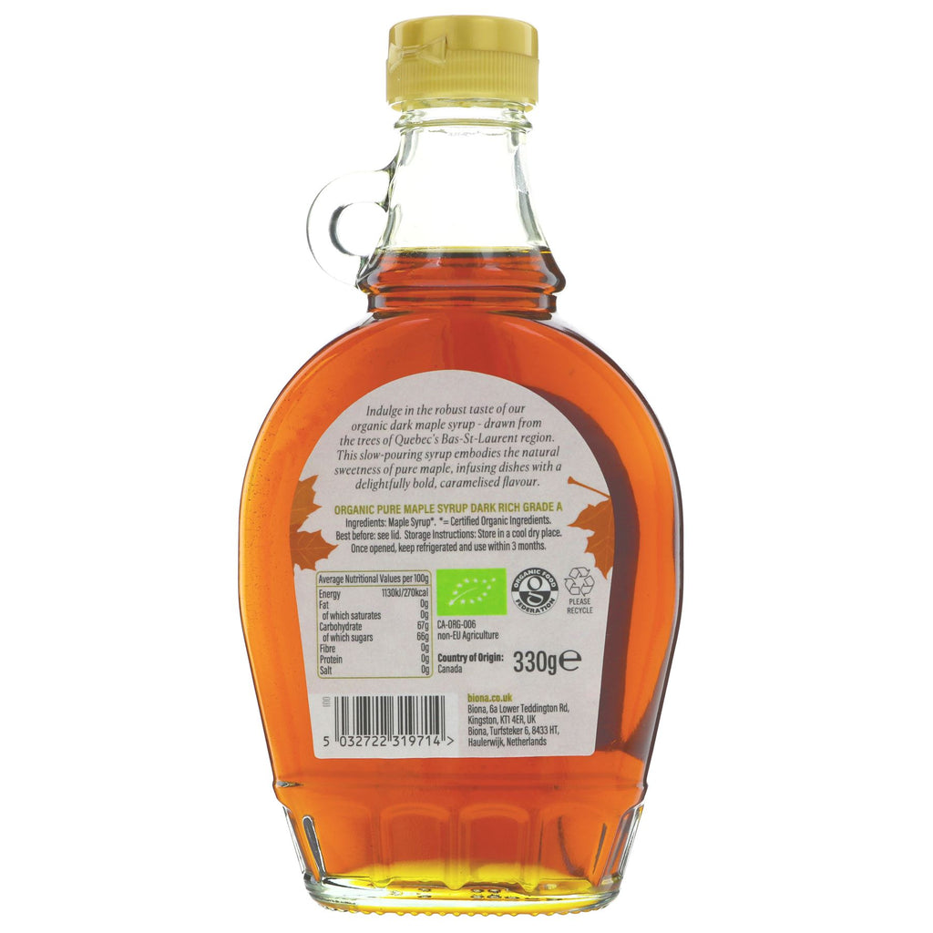 100% organic, vegan Grade A maple syrup from Biona. Rich, natural sweetness from Canadian maple harvested in Bas-St-Laurent, Quebec.