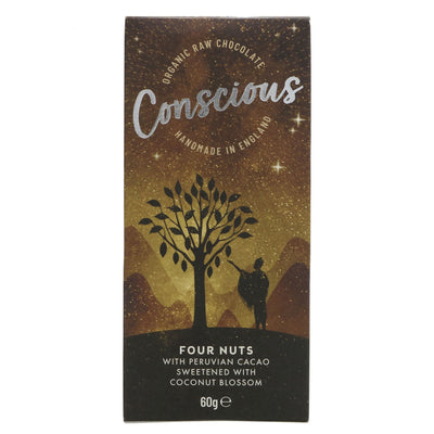 Conscious Chocolate's Four Nuts Raw Bar: gluten-free, organic, vegan, and sweetened with coconut sugar. Indulge guilt-free!