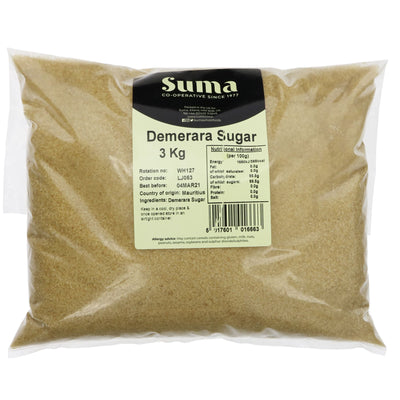 Suma Demerara Sugar - Vegan, Unrefined, 3KG - Rich aroma & crunch. Traces of nut. Perfect for coffee. No VAT.