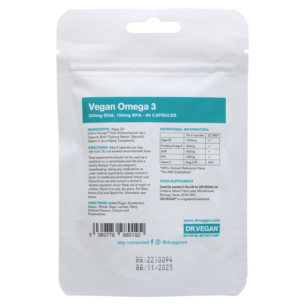 Vegan Omega 3 by Dr Vegan: Gluten Free & Vegan. Contains 300mg DHA & 150mg EPA. Perfect for a plant-based diet.