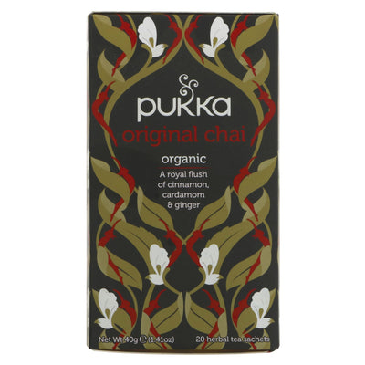 Pukka Original Chai: Fairtrade, Organic, Vegan black tea blend with cinnamon & cardamom. Perfect for warming up or a midday boost.