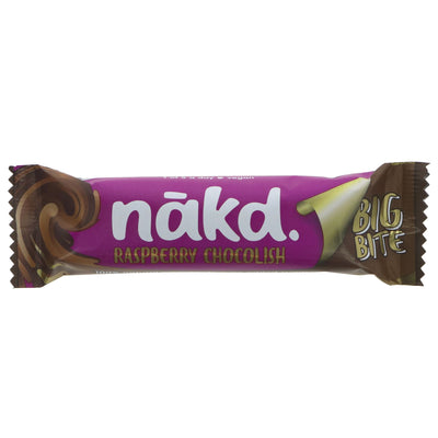 Nakd Raspberry Chocolish Big Bite: Gluten-free & Vegan snack bar made with fruit, nuts & cocoa, dipped & drizzled in chocolate.