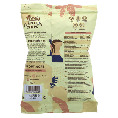 Purely Plantain Chips Sea Salt, gluten-free, vegan, guilt-free indulgence, perfect snack any time.