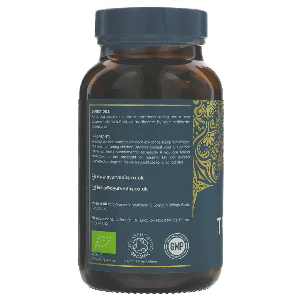 Organic Triphala by Ayurvediq Wellness. Vegan & organic, this product offers a natural way to support overall wellness.