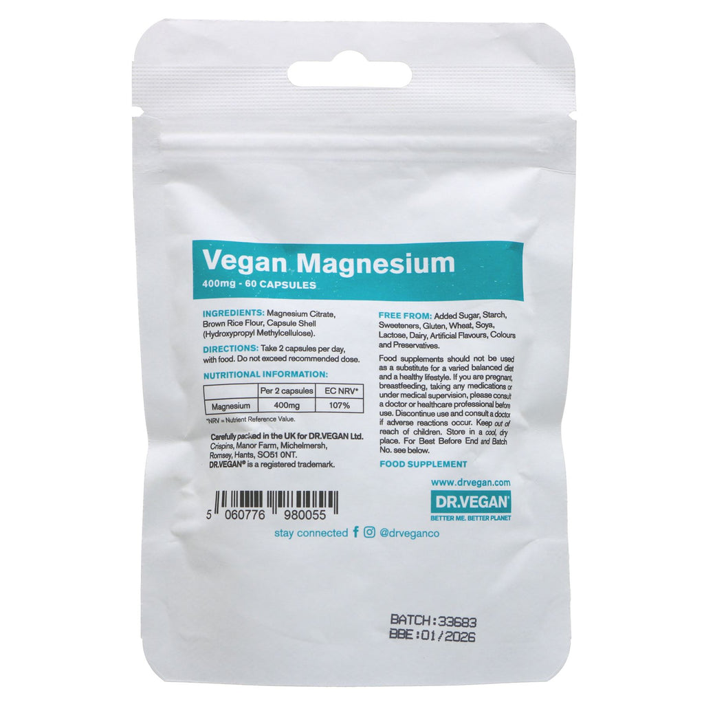 Dr Vegan Magnesium: Gluten Free, Vegan. 400mg Citrate. Supports overall health. Perfect for those with dietary restrictions.