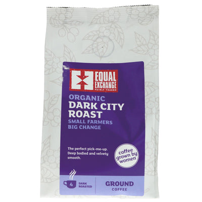 Equal Exchange Dark City coffee - Fairtrade, organic, vegan blend from Peru and Mexico. Deep body, velvety smooth. Perfect for breakfast or dessert.